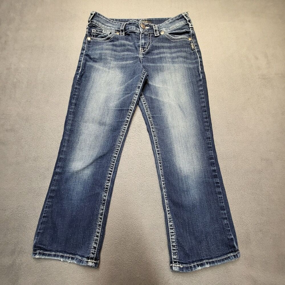 Silver Jeans Womens 6? 28x22.5 Suki Blue Straight Capri Denim Distressed Stretch